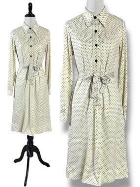 Vintage 70s Just Mort Dagger Collar Square Polka Dot Shirt Dress Matching Belt S